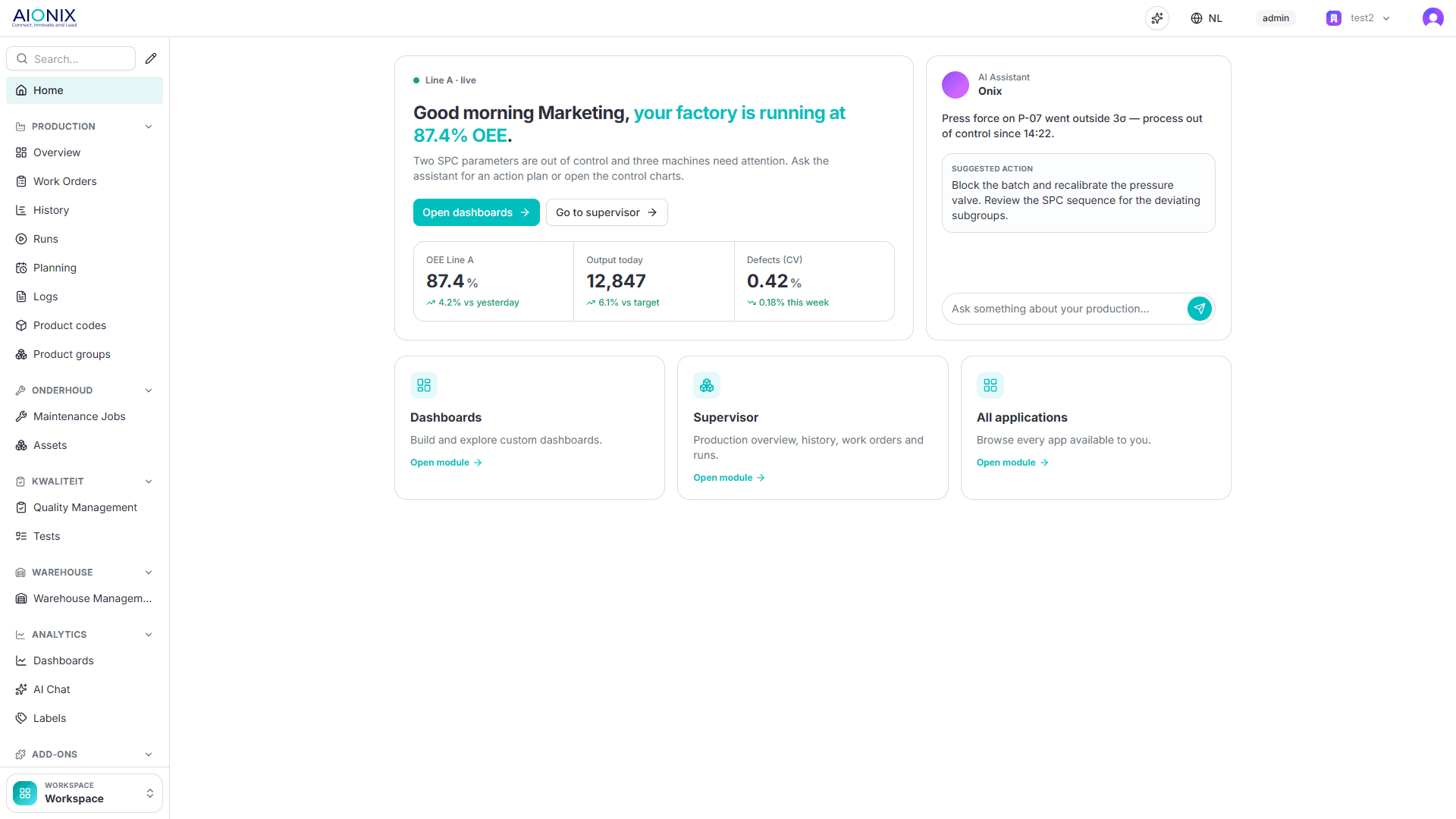 AIONIX home screen: factory at 87.4% OEE with live KPIs and AI assistant