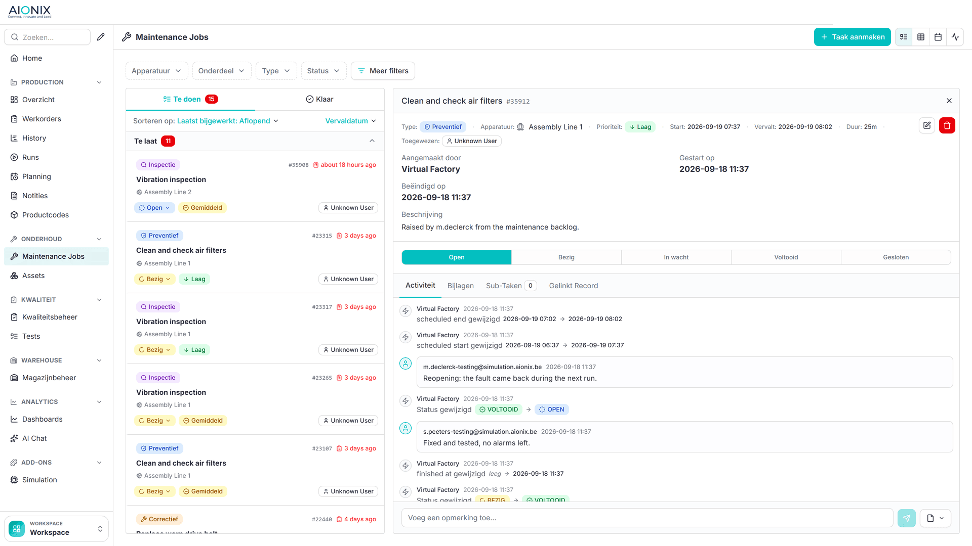 AIONIX maintenance: jobs, status and activity history per machine