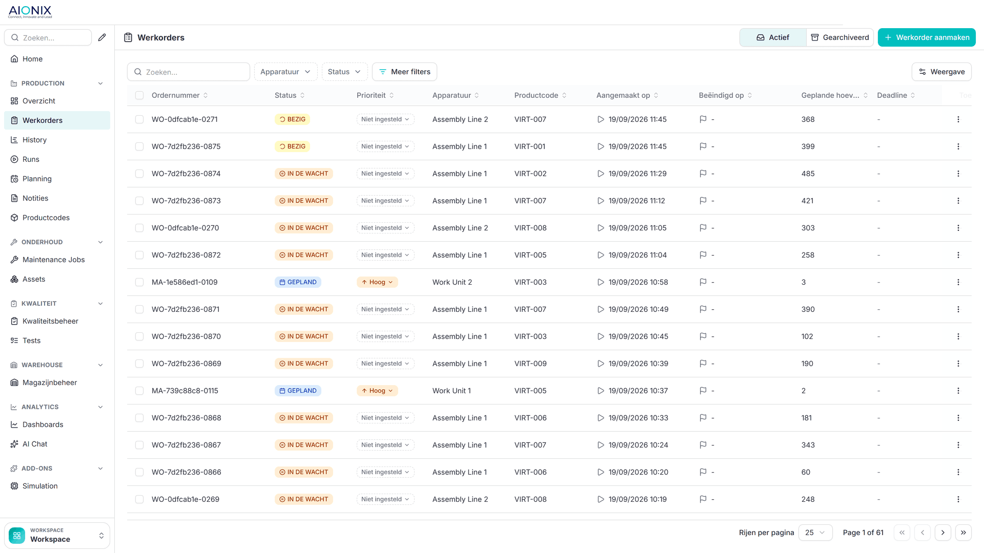 Work order list with status, line and planned quantity per order